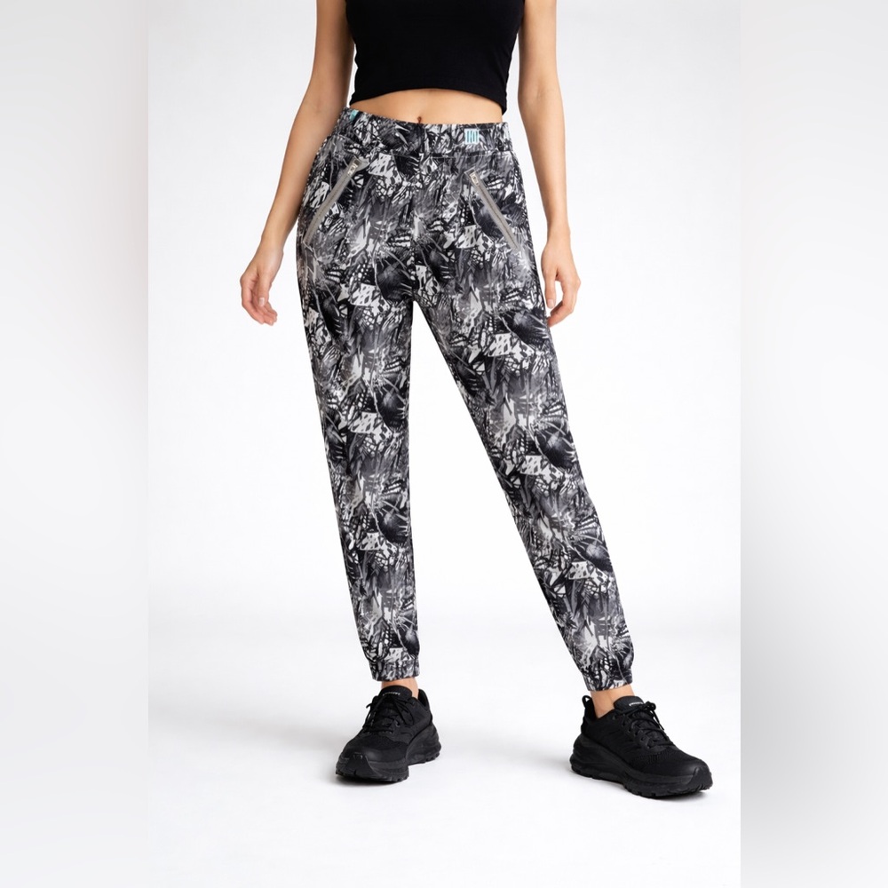Athleta Black Gray Abstract Jogger Pants 4 Adjustable Ruched Hem Zipper Pockets